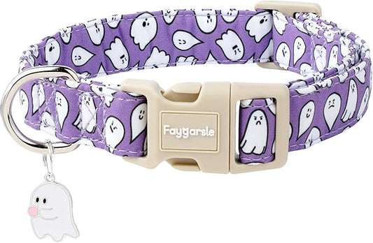 Faygarsle Halloween Dog Collar with Charm, Purple with Ghost Pattern, for Small Medium Large Dogs M