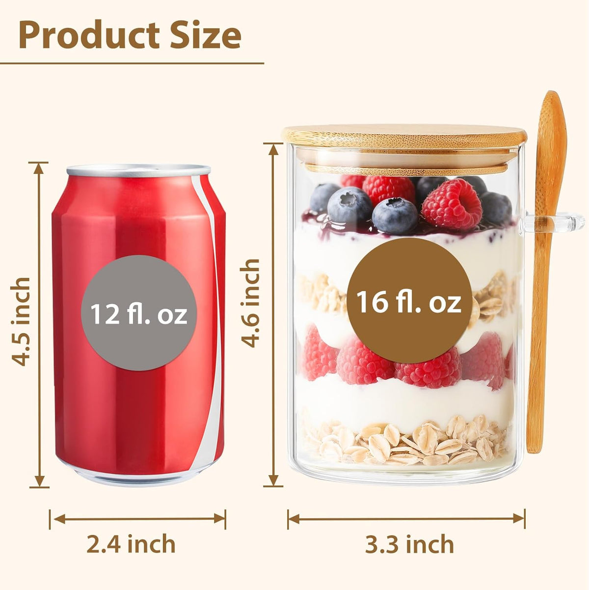 6 Pack Overnight Oats Containers with Lids and Spoons, 16oz Glass Jars with Bamboo Lids, Airtight Meal Prep Yogurt Containers for Breakfast, Parfait, Salad, Chia Pudding
