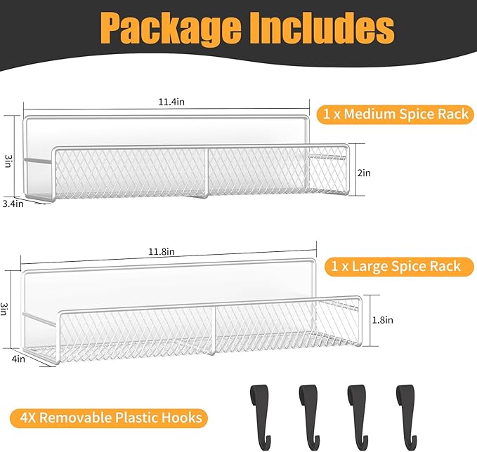 Magnetic Spice Rack for Refrigerator, 2 Pack Metal Magnetic Shelf White, Moveable Spice Organizer with Hooks, Super Magnetic Fridge Shelf for Kitchen Organization and Storage