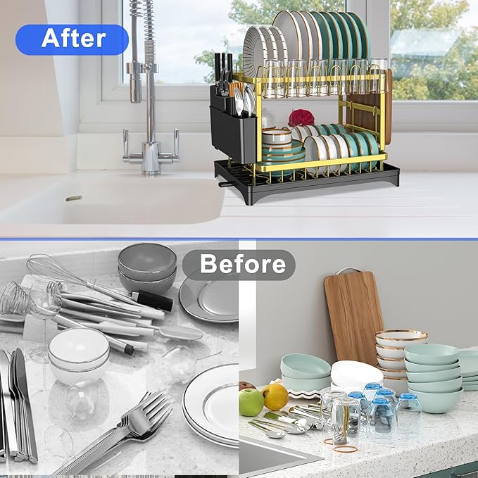 Dish Drying Rack Gold, Multifunctional Dish Racks for Kitchen Counter with Drainboard 2 Tier Dish Drainer Large Capacity for Knifes/Cup/Cutting Board