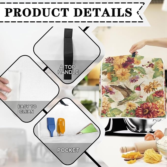 Floral Hummingbird Kitchen Dust Covers for Stand Mixer with Handle & Storage Pocket Oil-Resistant Food Processor Covers for Kitchen Counter Universal Fits 4.5-5 Qt Kitchen Mixers