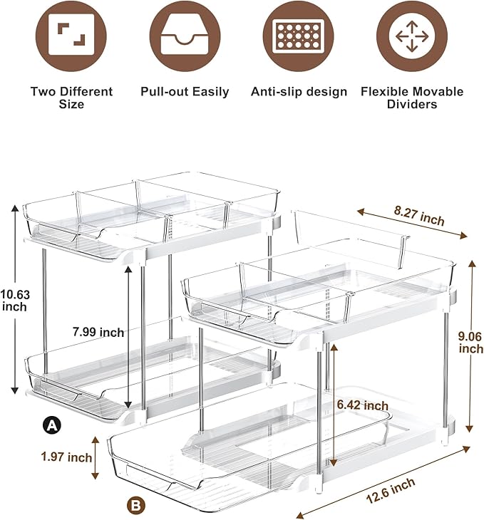 Delamu 2-Tier Multi-Purpose Bathroom Under Sink Organizers and Storage, Stackable Kitchen Pantry Organization, Pull Out Medicine Cabinet Organizer with Movable Dividers, White, 2 Pack