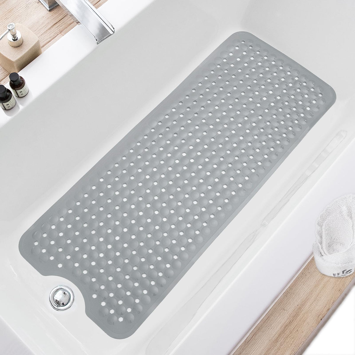 Bath Tub and Shower Mats, Non Slip 40 x 16 Inch Extra Large Bathtub Mat, Machine Washable Bathmat with Drain Holes, Suction Cups for Bathroom Floor, Gray