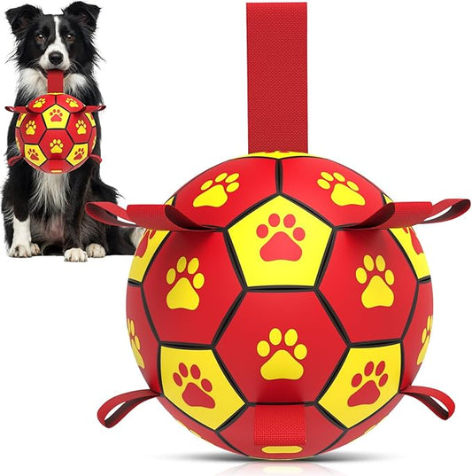 QDAN Dog Toy Balls, Dog Soccer Ball with Straps, Outdoor Dog Toys, World Cup Pet Training Soccer for Medium to Large (8 Inch)
