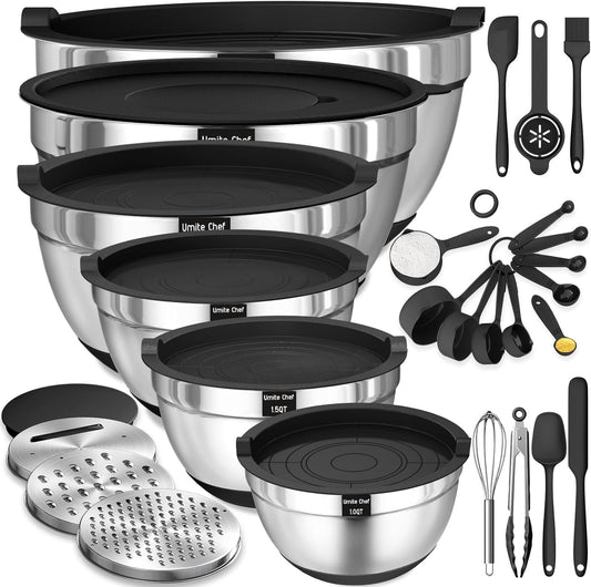 Umite Chef Mixing Bowls with Airtight Lids, 26Pcs Stainless Steel Bowls Set, 3 Grater Attachments & Black Non-Slip Bottoms Size 7, 4, 2.5, 2.0,1.5, 1QT, Great for Mixing & Serving