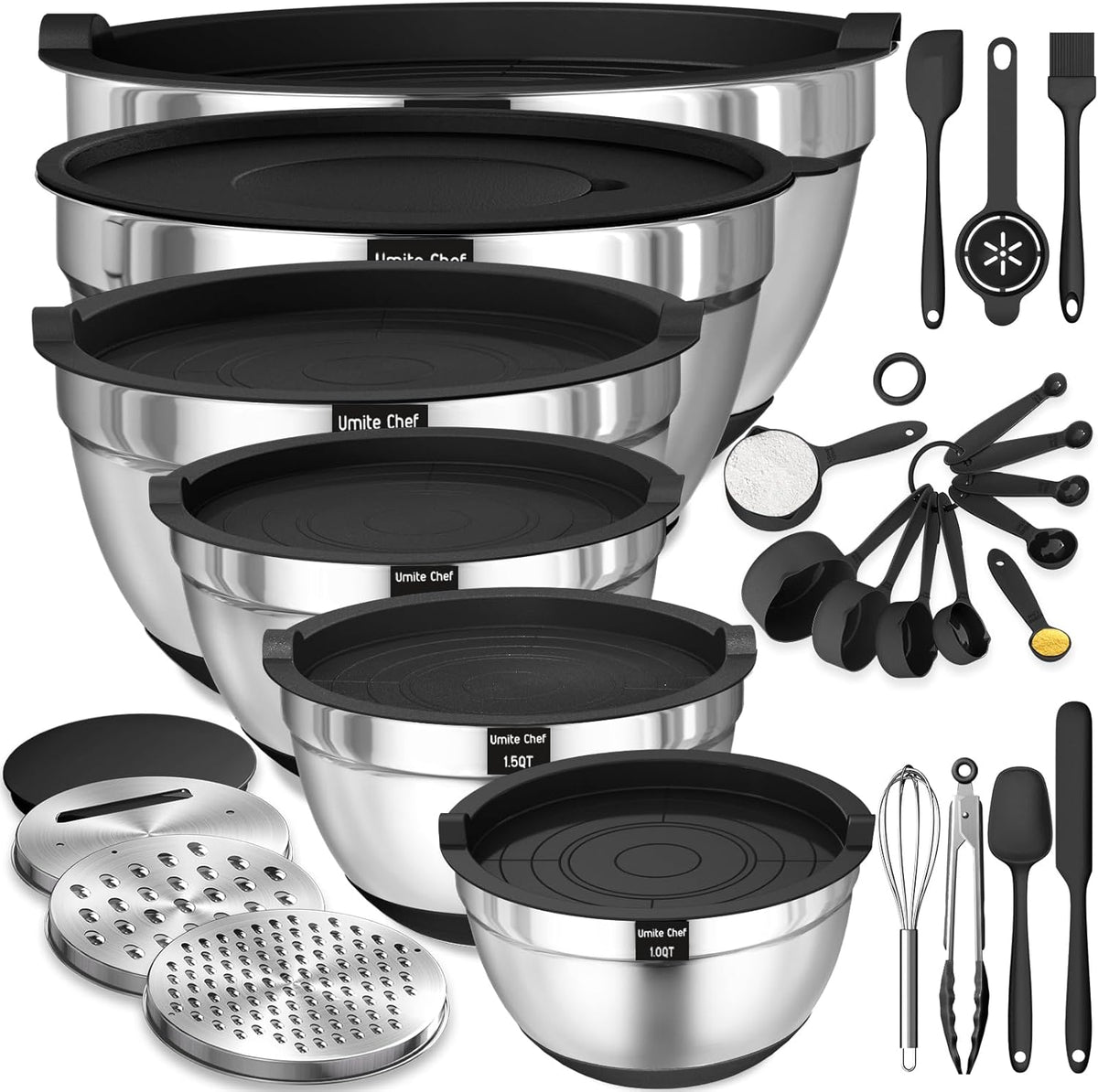 Umite Chef Mixing Bowls with Airtight Lids, 26Pcs Stainless Steel Bowls Set, 3 Grater Attachments & Black Non-Slip Bottoms Size 7, 4, 2.5, 2.0,1.5, 1QT, Great for Mixing & Serving
