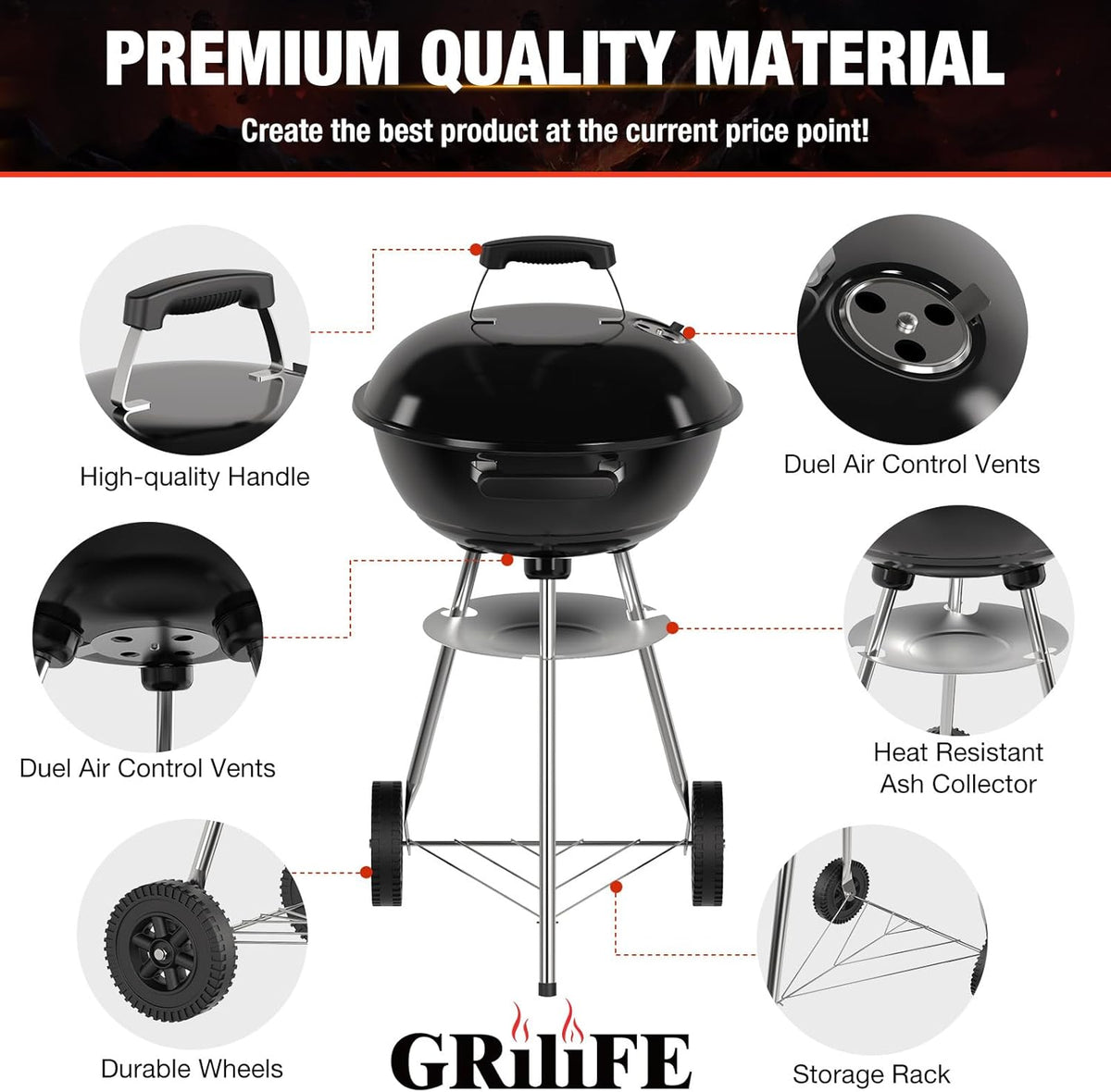 18 inch Charcoal Grill, Portable Kettle BBQ Grills, Perfect BBQ Gift, Durable & Easy to Assemble, Round Barbecue Grill with Wheels and Lid for Outdoor Cooking, Patio and Beach, Black