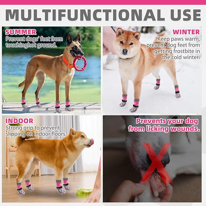 KOOLTAIL Dog Socks for Hot/Cold Pavement to Prevent Licking Paws Scratching,Anti Slip Pet Boots&Paw Protector for Hardwood Floor,Traction Control Grip Booties for Small Medium Large Senior Dogs PinkXS