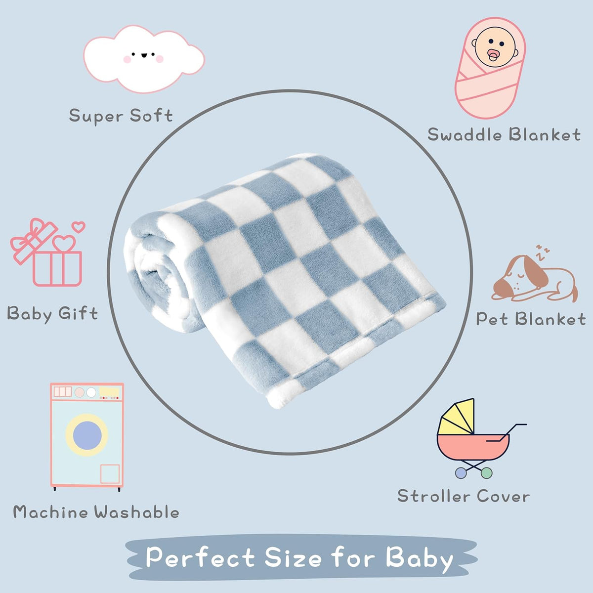 Yurhap Checkered Baby Blanket Fleece Baby Blankets for Boys, Ultra Soft Cozy Fluffy Infant Toddler Newborn Receiving Blankets for Crib Stroller, 30''x40'', Blue
