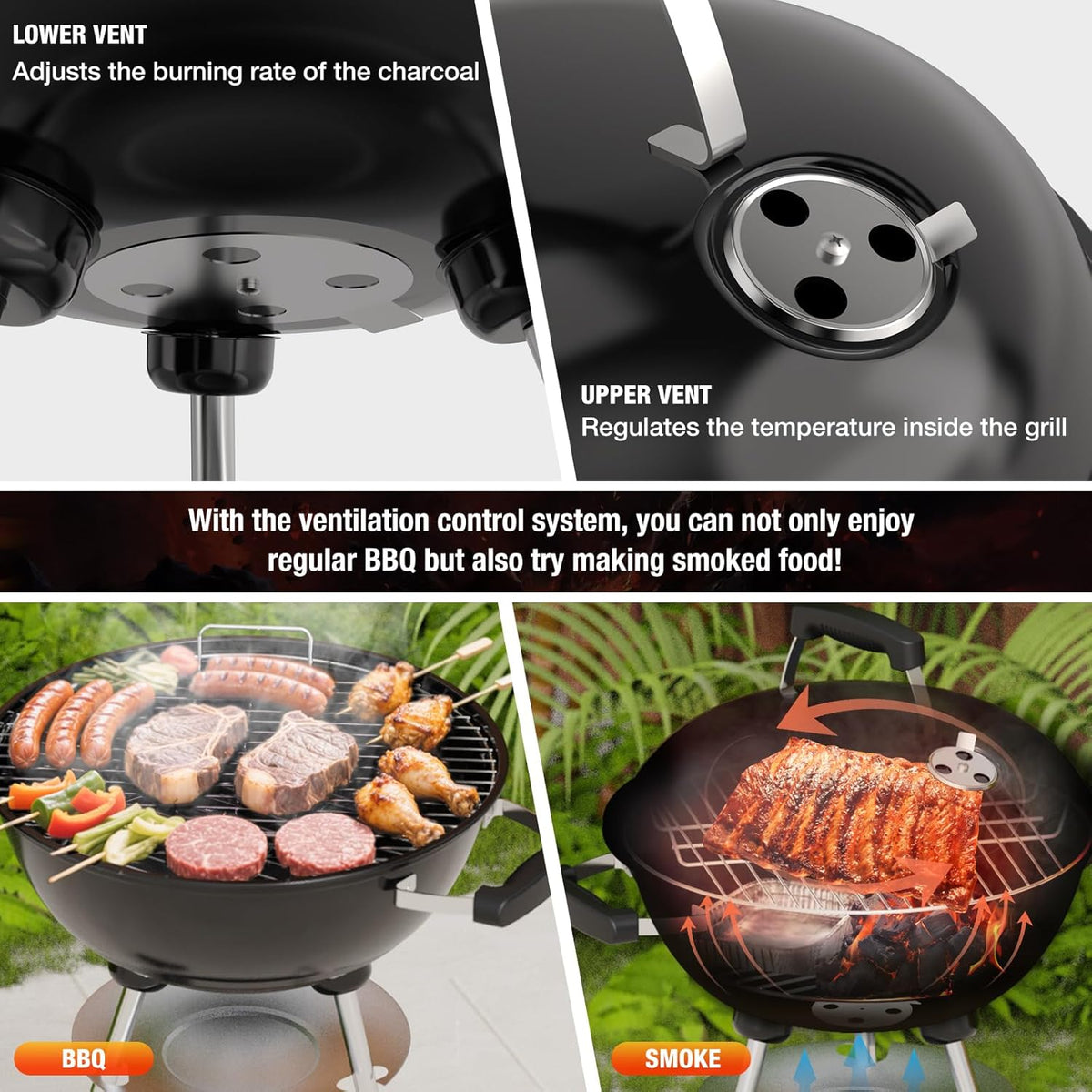 18 inch Charcoal Grill, Portable Kettle BBQ Grills, Perfect BBQ Gift, Durable & Easy to Assemble, Round Barbecue Grill with Wheels and Lid for Outdoor Cooking, Patio and Beach, Black