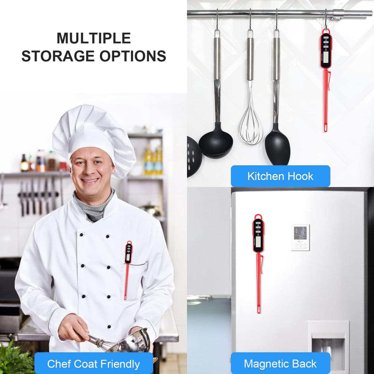 Lonicera Digital Cooking Thermometer for Bread Baking, Food and Water Temperature Measurement. Waterproof and Long Stem with Meat Temp Guide, Display with Backlit (Red)