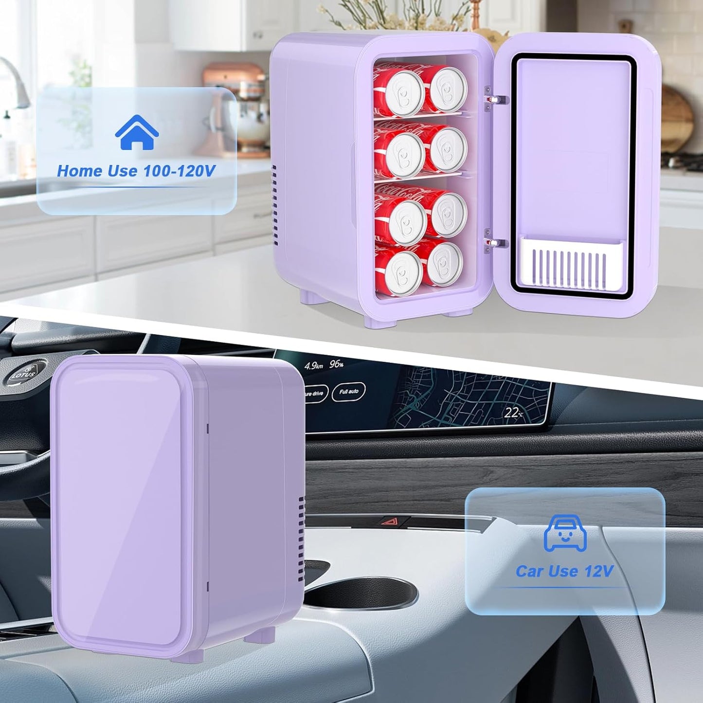 YASHE Mini Fridge, 6 Liter/8 Can 110V AC/DC Portable Thermoelectric Cooler Refrigerators for Bedroom, Skincare, Beverage, Office, Dorm Room and Car, Purple
