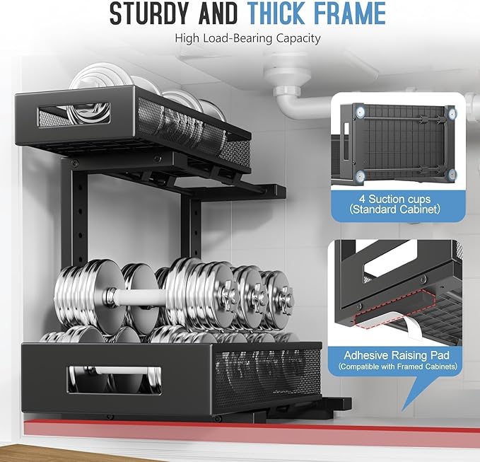 2-Pack Under Sink Storage Organizer, Large 2-Tier Elegant Mesh Pull Out Shelf for Kitchen and Bathroom Cabinet Organization, L-Shaped and Adjustable Height Design,Patent Pending-Black