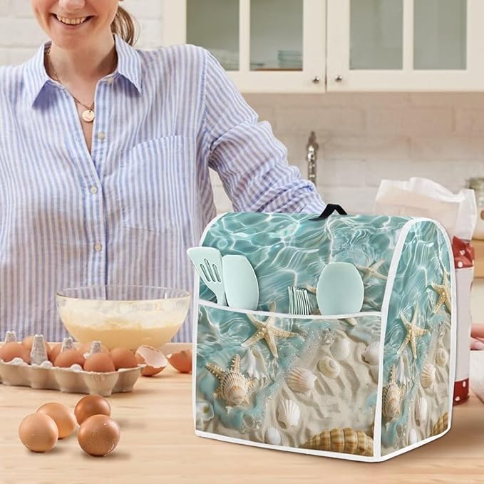Beach Theme Mixer Dust Cover | Portable Protector with Pocket | Compatible with 4.5-5 Quart Blenders, Coffee Makers & Juicers | Travel & Moving Convenience Moving