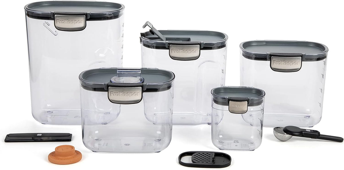 ProKeeper+ Airtight Food Storage Container Set – Clear Plastic Flour and Sugar Canister Set with Magnetic Accessories for Kitchen Organization (Grey, 9-Piece)