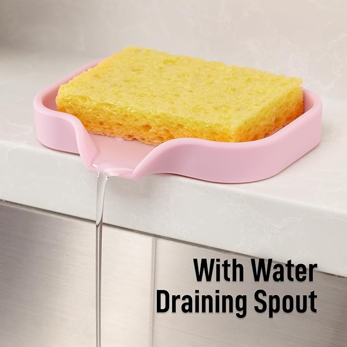 Zulay Kitchen Small Silicone Sponge Holder (4.9x3.3”) – Space-Saving Sink Organizer Tray for Sponge, Soap, Brush & More – Compact Non-Slip Dish for Kitchen & Bathroom (Pink)