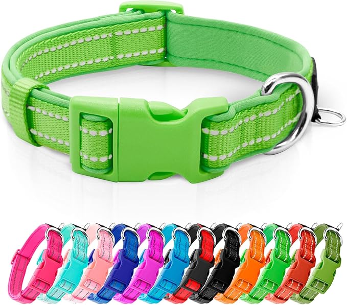 azuza Reflective Dog Collar Green Soft Neoprene Padded Pet Collar with ID Tag Ring, Adjustable for Medium Dogs,Green,M