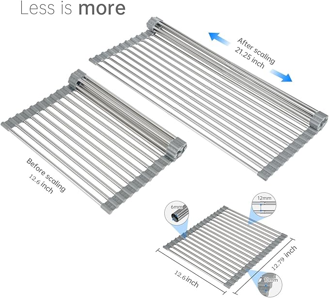 Large Expandable Roll Up Dish Drying Rack, Heat-Resistant Dish Drainer for Stainless Steel Sinks, Over The Sink Non-Slip Silicone Rollable Dish Drainer Roll Rack 18 Tube Gray 21.25''x12.79''