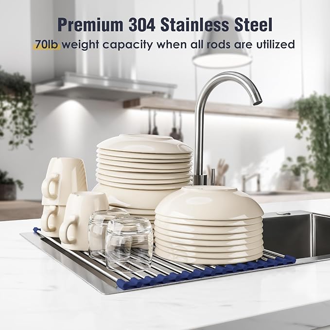 Tomorotec 17.7" x 12.5" Roll Up Dish Drying Rack Over Sink Drying Rack Sink Cover Kitchen Sink Accessories Gadget Multipurpose Organizer Foldable Stainless Steel Drainer