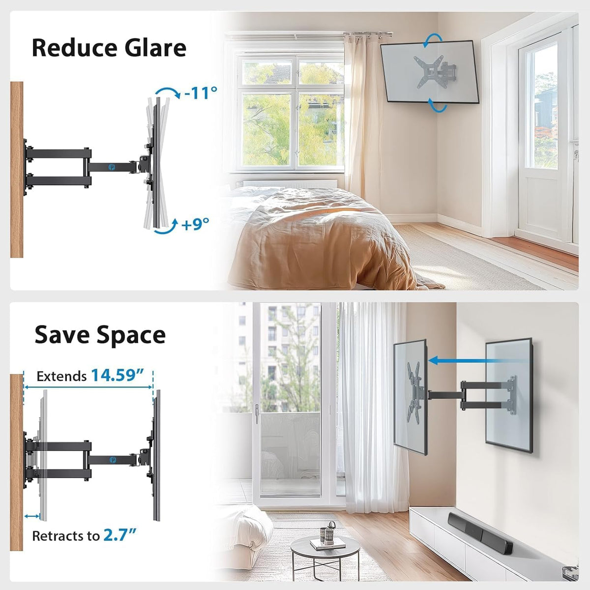 Pipishell Full Motion TV Wall Mount for Echo Show 21/15 and 13-42 Inch Flat Curved Screen TVs & Monitors, Max VESA 200x200mm up to 44lbs, TV Mount Wall Bracket with Rotation Swivel Tilt Extension