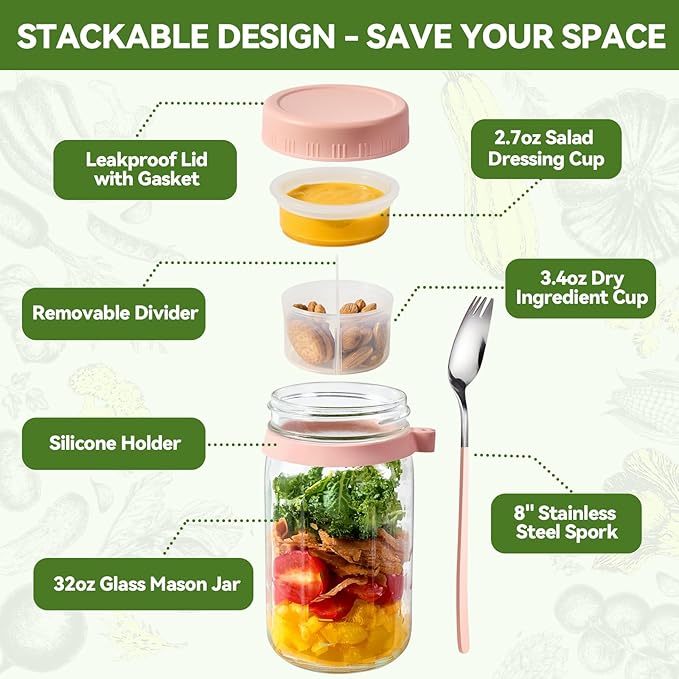 4 Pack Glass Salad Pod Mason Jar with Dressing Cup & Spork, 32 oz Salad Container to Go with Lids Meal Food Prep for Lunch, Large Travel Mason Jar Bowl with 2 Insert Dressing & Topping Holder