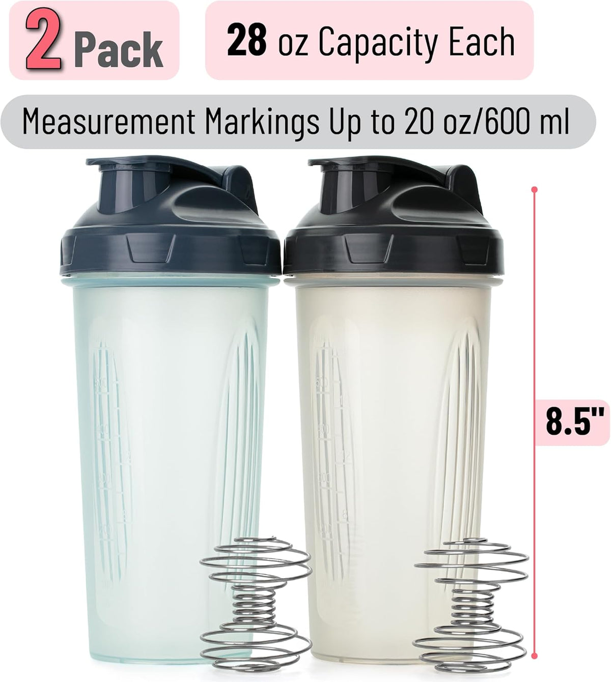 Mr. Pen- Shaker Bottles for Protein Mixes, 28 oz, 2 Pack, Clear, Protein Shaker Bottle with Wire Whisk Ball, Blender Bottle