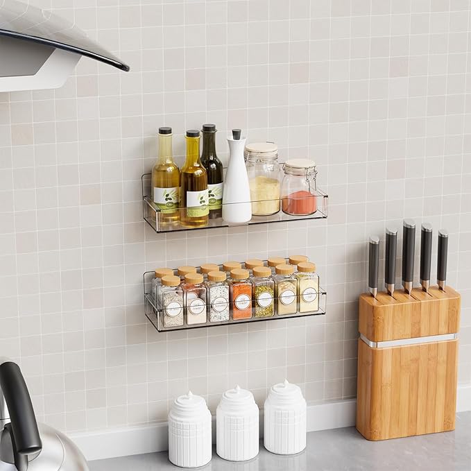 Yieach 6 Pack Acrylic Spice Shelf and Hanging Spice Rack Wall Mount with Adhesive for Inside Cabinets Door,Pantry Door,Kitchen and Rv,Narrow Stick on Spice Organization for Seasoning,Jar,Can Shelf