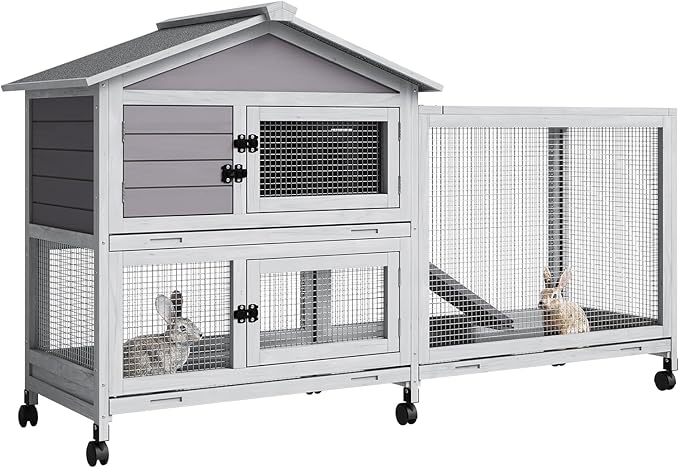 Rabbit Cage with Weatherproof Roof, Bunny Cage with 6 Lockable Caster Wheels & Pull-Out Tray, Rabbit Hutch for Indoor Outdoor Use, Grey（63.2" l x 22.4" w x 37"）