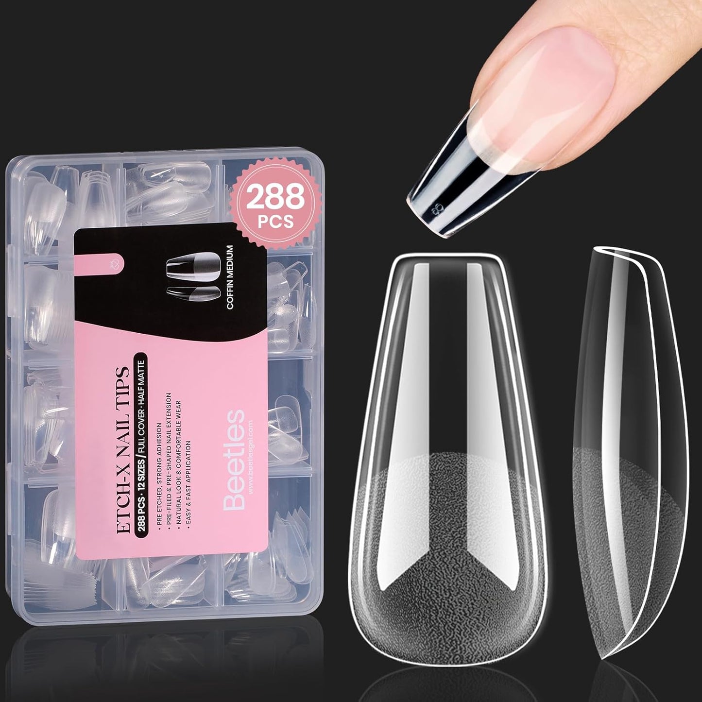 Beetles Gel Nail Tips Medium Coffin Etch X Nail Tips, 12 Sizes 288Pcs Pre Shaped Half Matte Press On Nails Full Cover False Nails for Pastel Spring Nails Acrylic Fake Nails Nail Extensions Kit