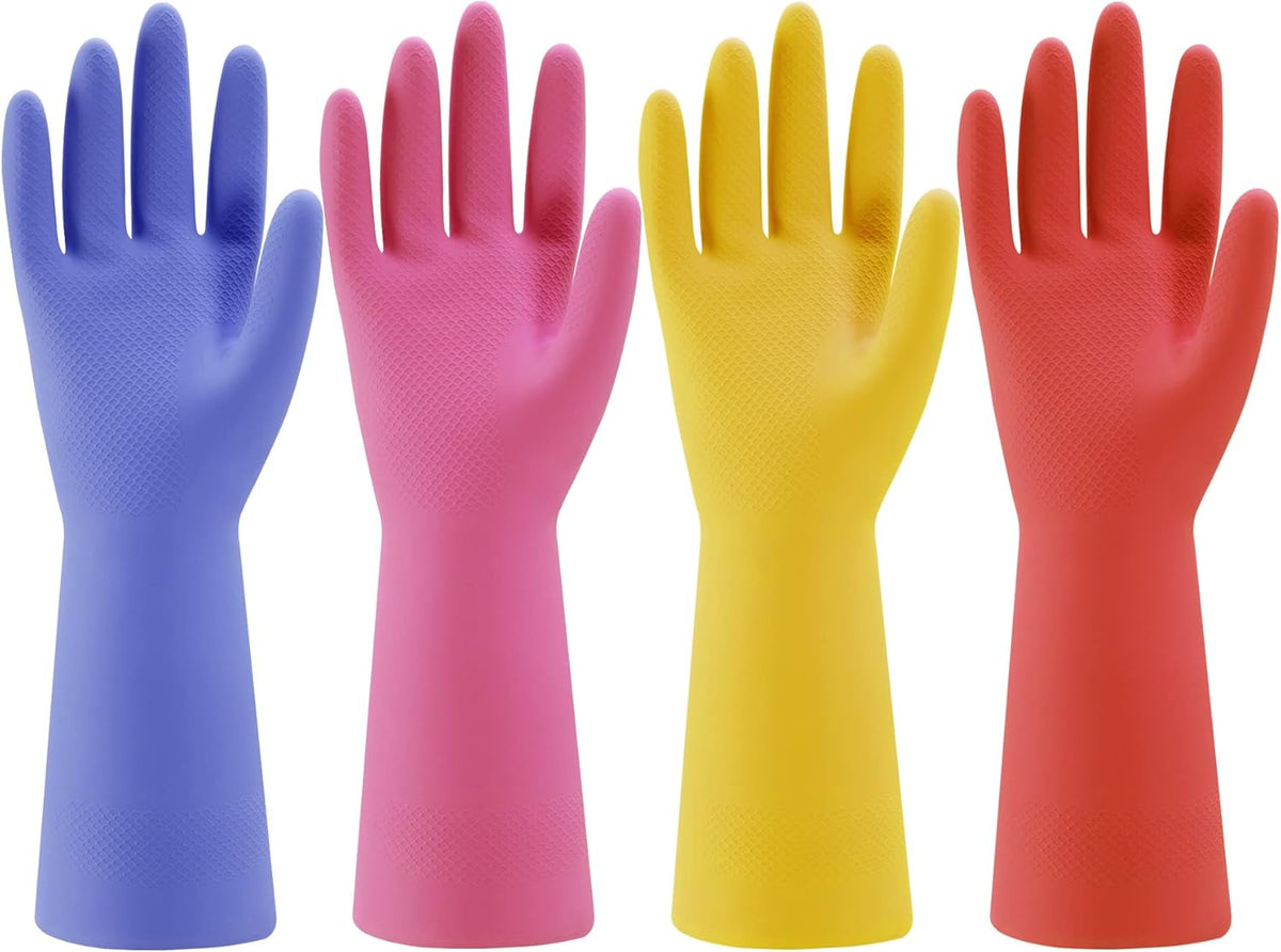 Rubber Kitchen Dishwashing Gloves - 4 Pairs Colorful Reusable Household Cleaning Gloves for Washing Dishes and Cleaning Tasks, Flexible Long-lasting and Non-Slip (Medium, Blue+Pink+Yellow+Red)