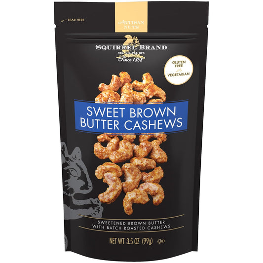 Squirrel Brand Sweet Brown Butter Cashews, 3.5 oz Resealable Bag, Gourmet Flavored Cashews Nuts, Gluten Free, Vegetarian