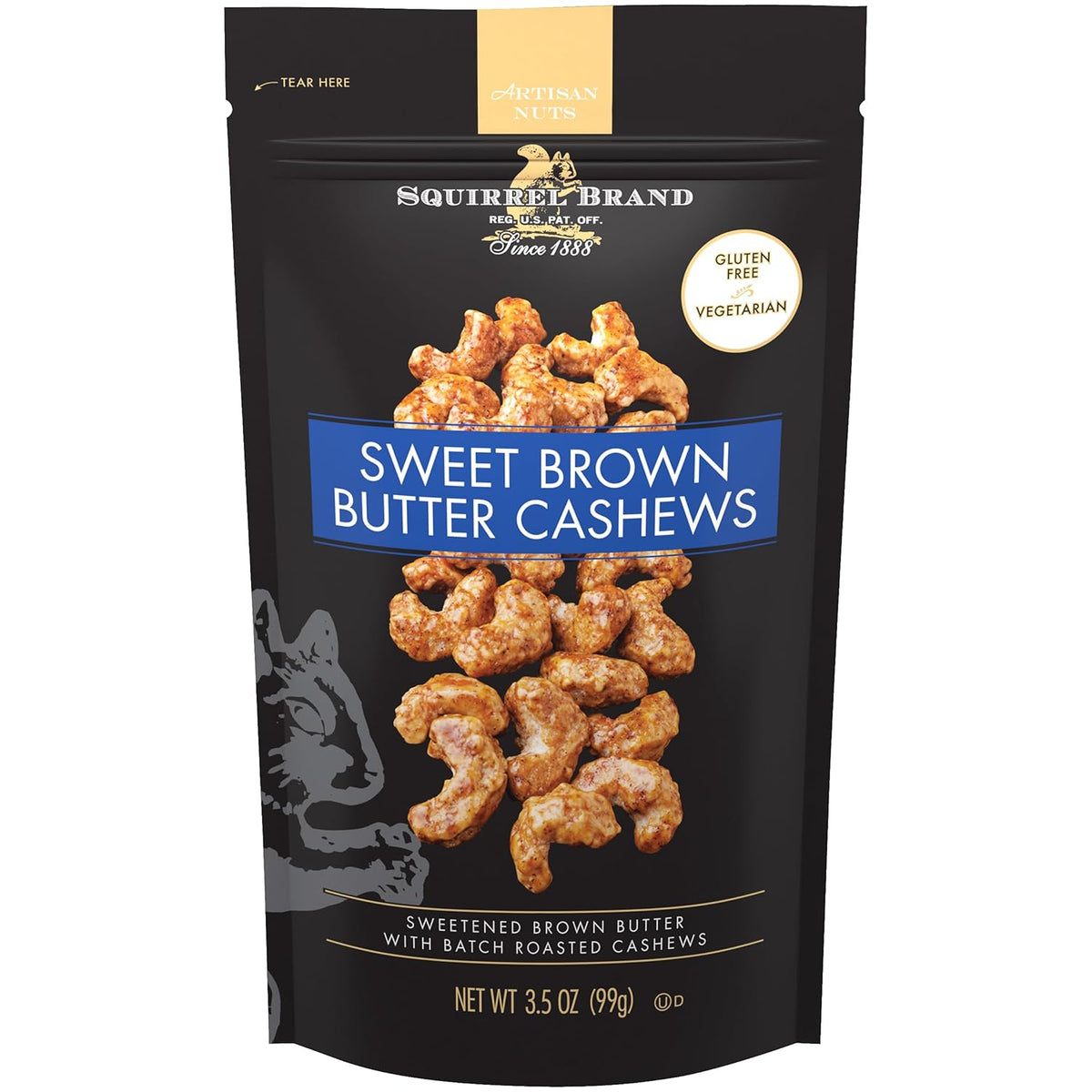 squirrel brand sweet brown butter cashews 3.5 ounces gluten free vegetarian resealable bag