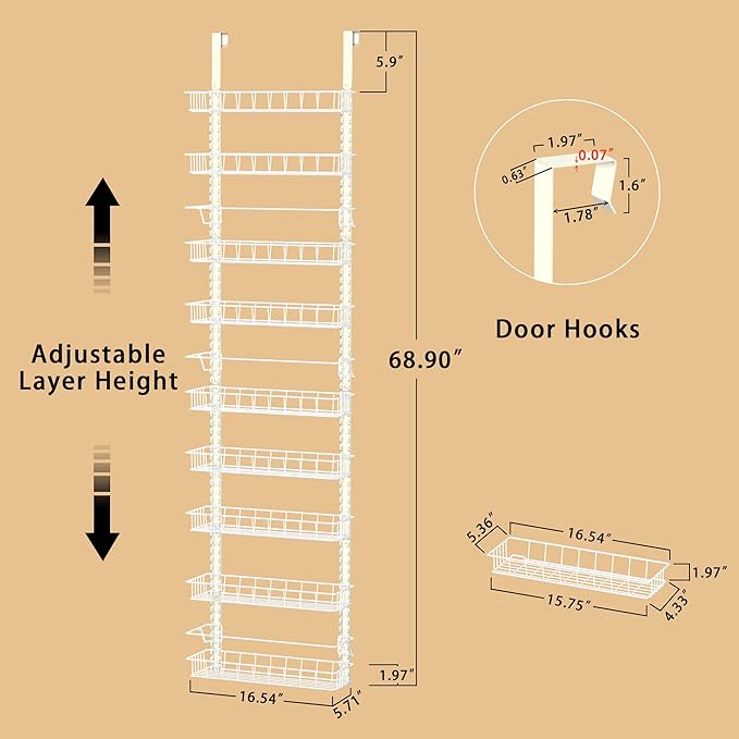 Churboro Over the Door Pantry Organizer Rack with 9 Adjustable Baskets, 9 Tiers Dual-use Hanging or Wall Mount Spice Rack Organizer, White