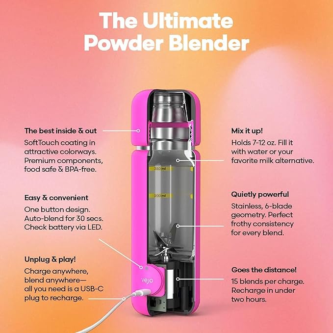 VEJO 12oz Electric Protein Shaker Bottle – USB Rechargeable Powder Mixer for Protein Shakes, Pre-Workout, Creatine | No Clumps, No Ball | 6-Blade Blending | BPA-Free | Gym Bag Travel Size | Orange