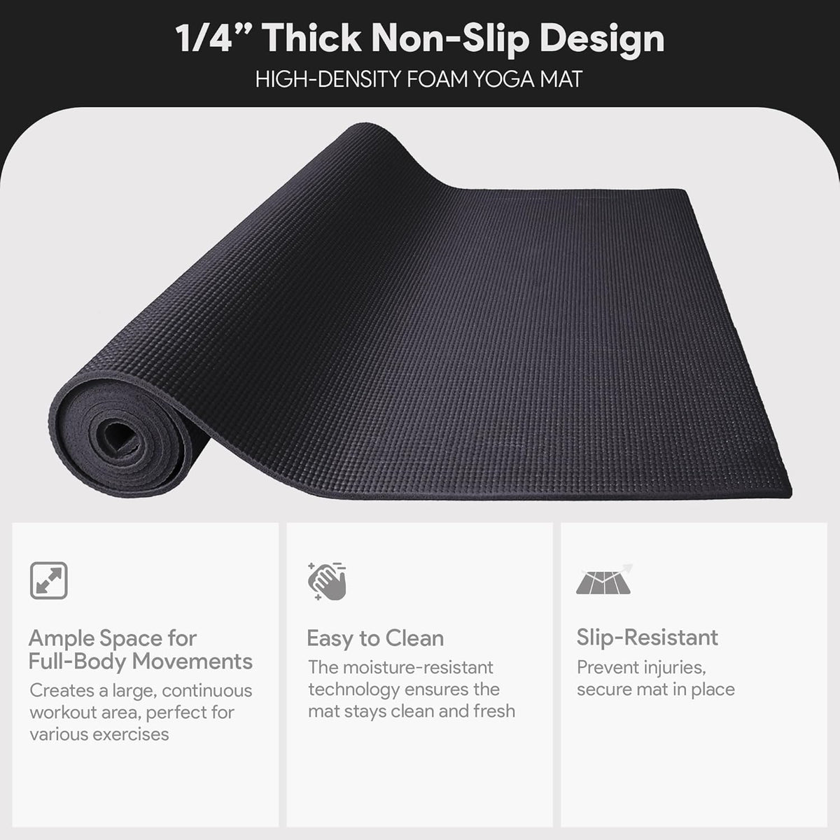 Fitvids All Purpose 1/4-Inch High Density Anti-Tear Exercise Yoga Mat with Carrying Strap, Multiple Colors