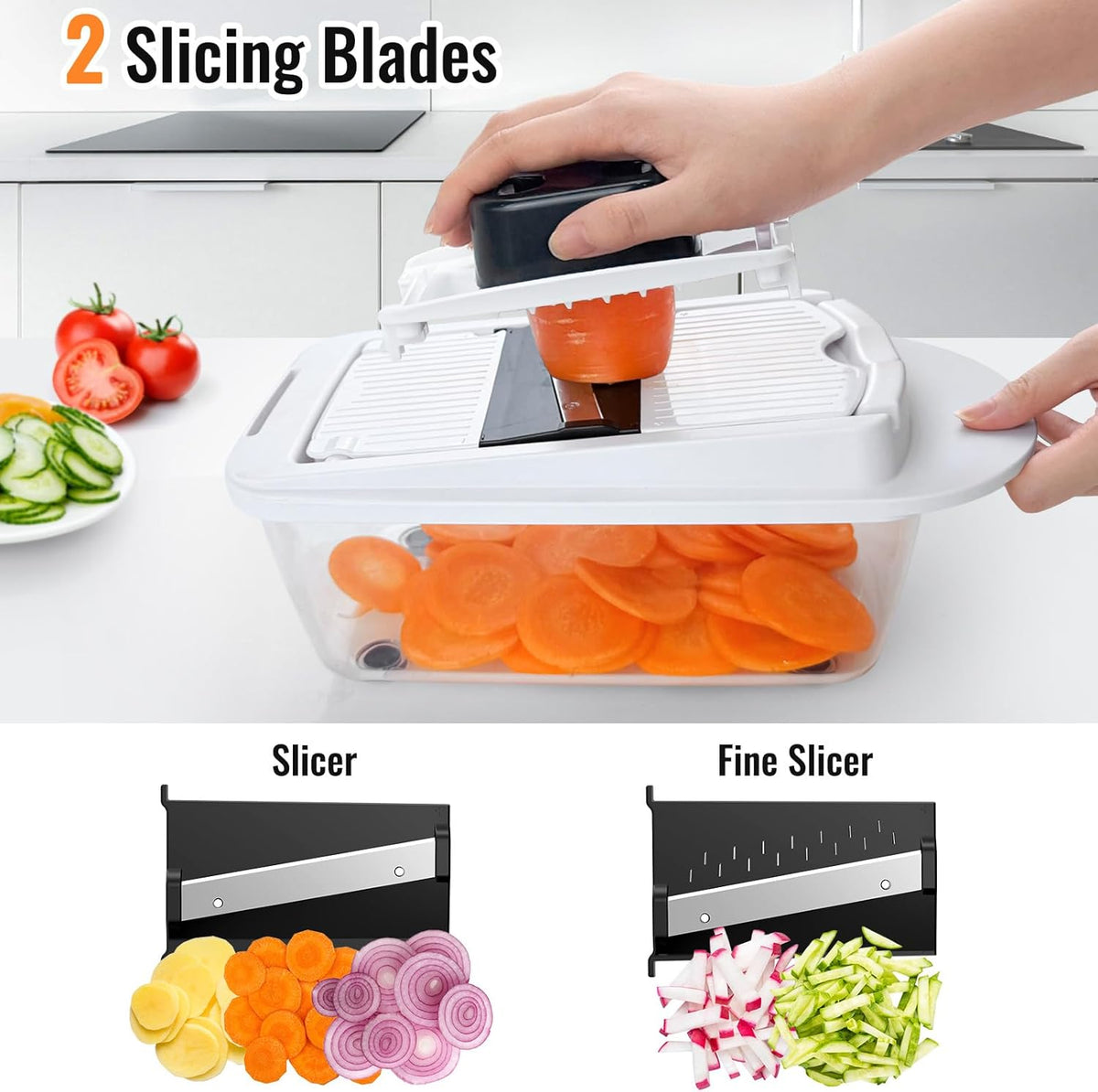 8 Blade All-in-1 Vegetable Chopper Mandoline Slicer with Container, Food Chopper, Onion Chopper, Veggie Cutter for Salad, Kitchen Gadgets Accessories Essentials, White