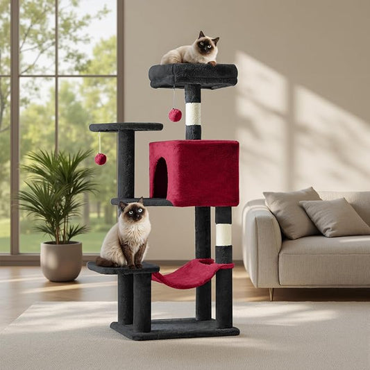Cat Tree Tower 44 Inch, Small Cat Tower with Condo, Hammock, Sisal Scratching Posts, Extended Perch, Pet Play House for Indoor Kittens and Cats, Black Red