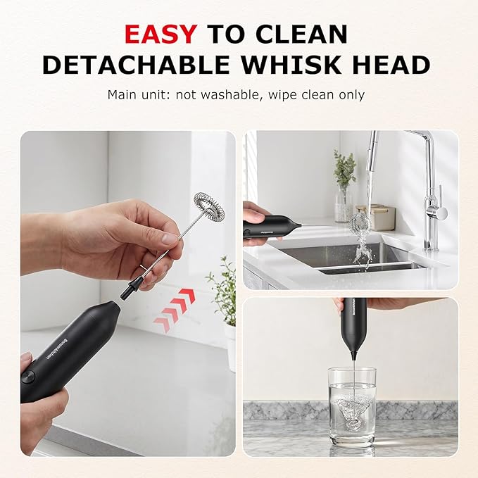 Bonsenkitchen Rechargeable Milk Frother Handheld, Electric Foam Maker with Stainless Steel Whisk, Charging USB-C, Portable Hand Wand Drink Mixer for Coffee Matcha Lattes Cappuccino, Kitchen Gifts