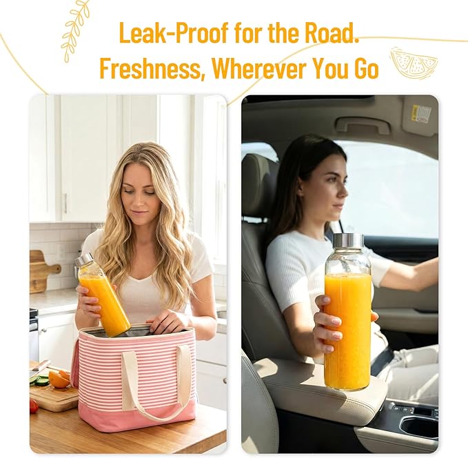 Luxfuel Clear Glass Bottles with Lids 18 oz, Reusable Glass Water Bottles with Stainless Steel Cap for Juicing,Refrigerator,100% Leak Proof, BPA Free, Juice Water Bottle Set of 12