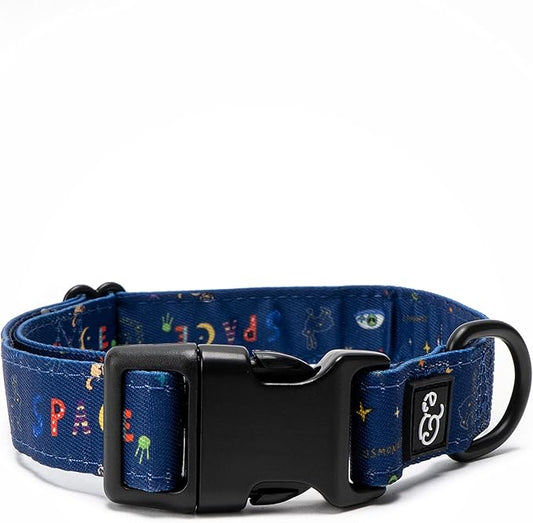 Lucy & Co. Space Doodle Dog Collar - Durable Lightweight Designer Collar for Pets - Adjustable Metal Safety Buckle - Navy Outerspace Icons - Large