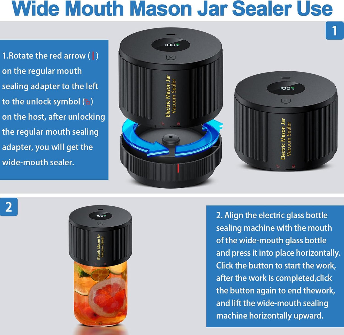 Electric Mason Jar Vacuum Sealer Kit for Wide Mouth and Regular Mouth Mason Jars