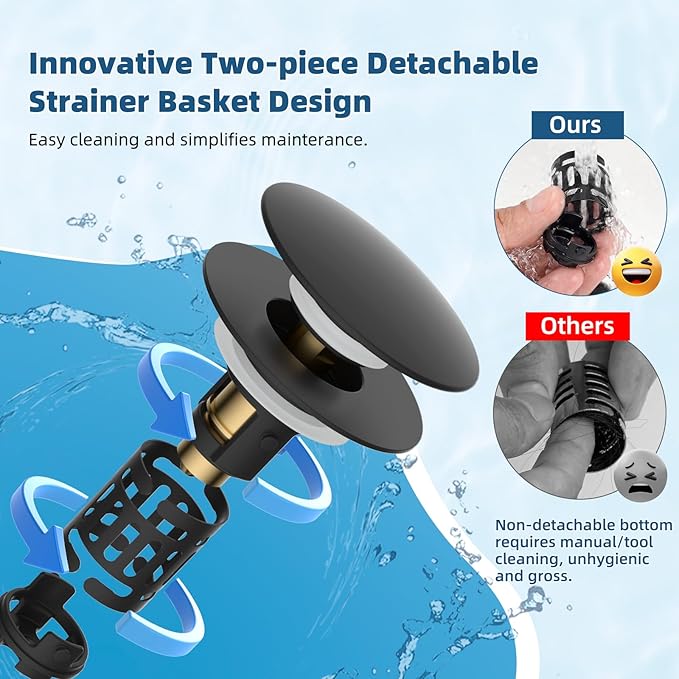 Hibbent 2 Pack Upgraded 3 in 1 Bathroom Sink Drain Strainer, Pop Up Sink Stopper with Big Push Cap, Anti-Clogging Metal Filter Basket,Sink Plug with Hair Catcher for 1.1''~2.36'' Basin, Matte Black