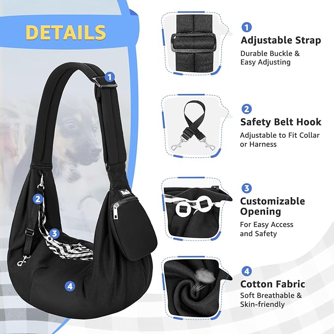 Lukovee Pet Sling, Hand Free Dog Sling Carrier Adjustable Padded Strap Tote Bag, Shoulder Bag with Front Pocket Safety Belt Carrying Small Dog Cat Puppy Machine Washable (Black-WY,S)