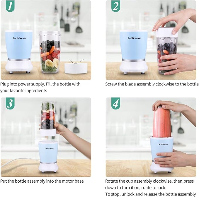 La Reveuse Personal Size Blender 250 Watts Power for Shakes Smoothies Seasonings Sauces with 1 Piece 15 oz Cup,1 Piece 10 oz Mug,BPA-Free (Sky Blue)