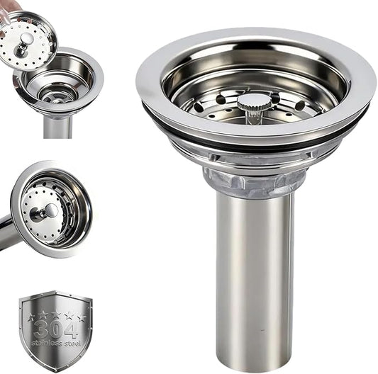 Kitchen Sink Drain Assembly, Stainless Steel Basket Strainer with Knob, 3-1/2 Inch Sink Drain Stopper Plug, Threaded Plastic Sink Strainer Tailpiece 1-1/2 in