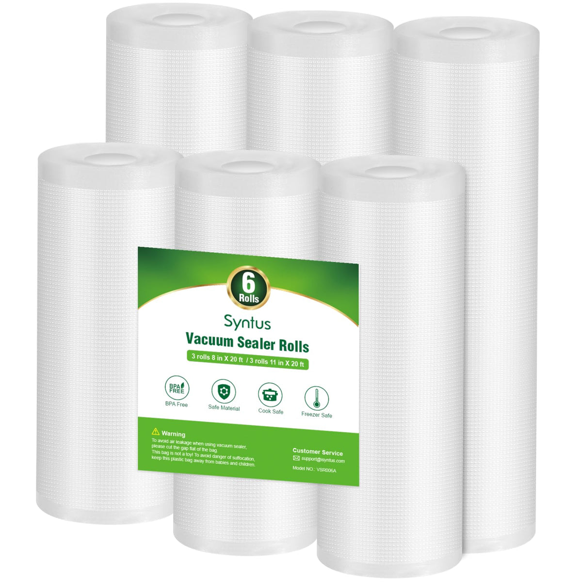 Syntus Vacuum Sealer Bags, 6 Pack 3 Rolls 11" x 20' and 3 Rolls 8" x 20' Commercial Grade BPA Free Bag Rolls, Food Vac Bags for Storage, Meal Prep or Sous Vide