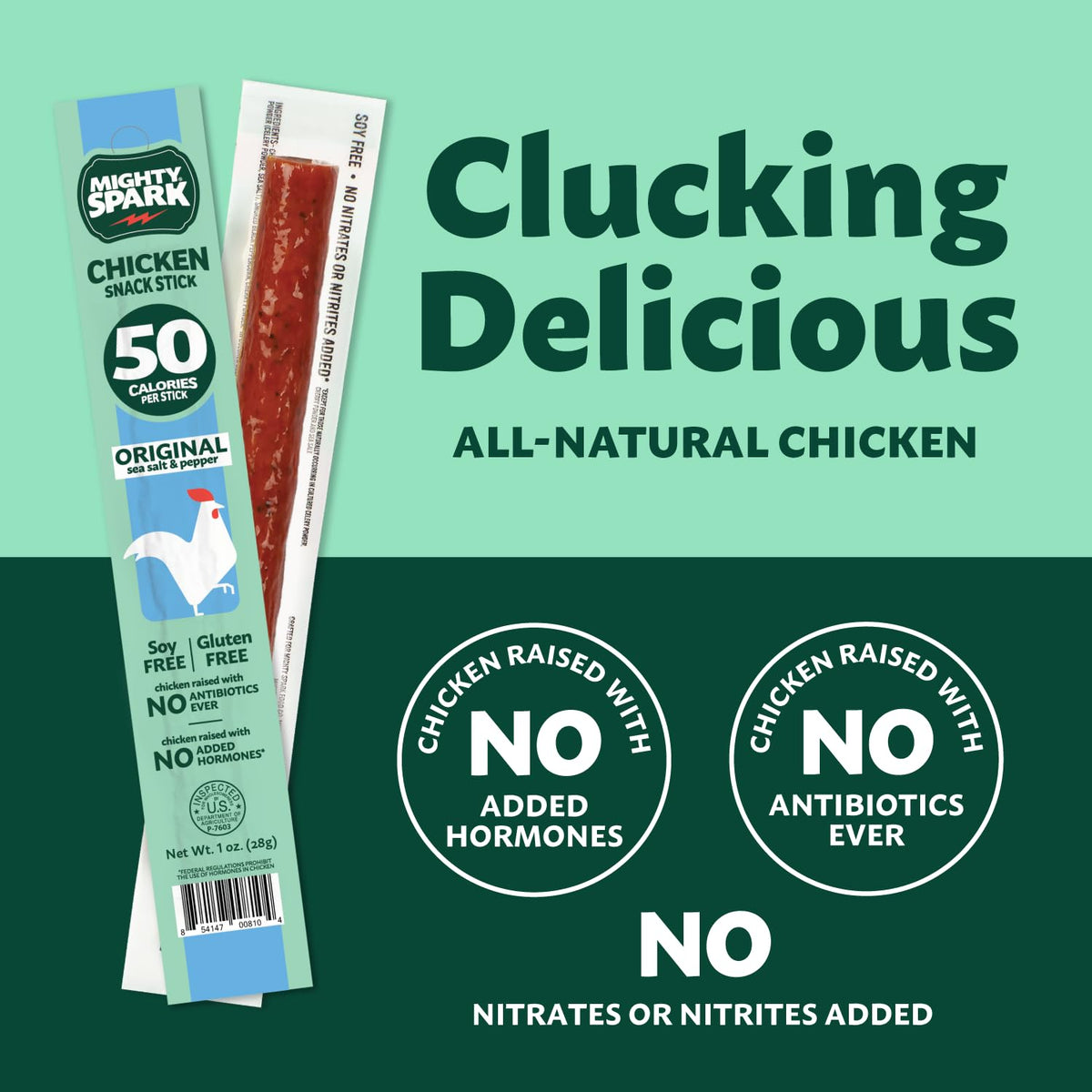 Mighty Spark Chicken Snack Sticks - Original Sea Salt & Pepper- 6g of Protein, No Antibiotics Ever, No Hormones Added, Gluten Free, Soy Free Meat Sticks - High Protein Keto Snacks - 12 Count