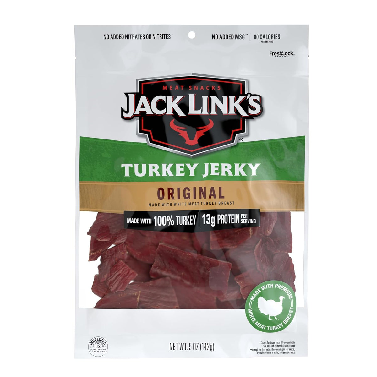 Jack Link's Turkey Jerky, Original, Jerky Bag - Flavorful Snack, Ready to Eat Protein Snacks with 13g of Protein per Serving, Made with 100% Turkey, Keto Friendly - 5 Oz.