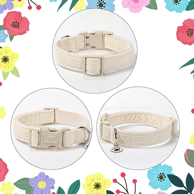 Cute Corduroy Dog Collar - White Adjustable Dog Collars for Small Dogs 10-25lbs, Fade-Proof with Secure Snap & Little Charm, Christmas Birthday Gift, S