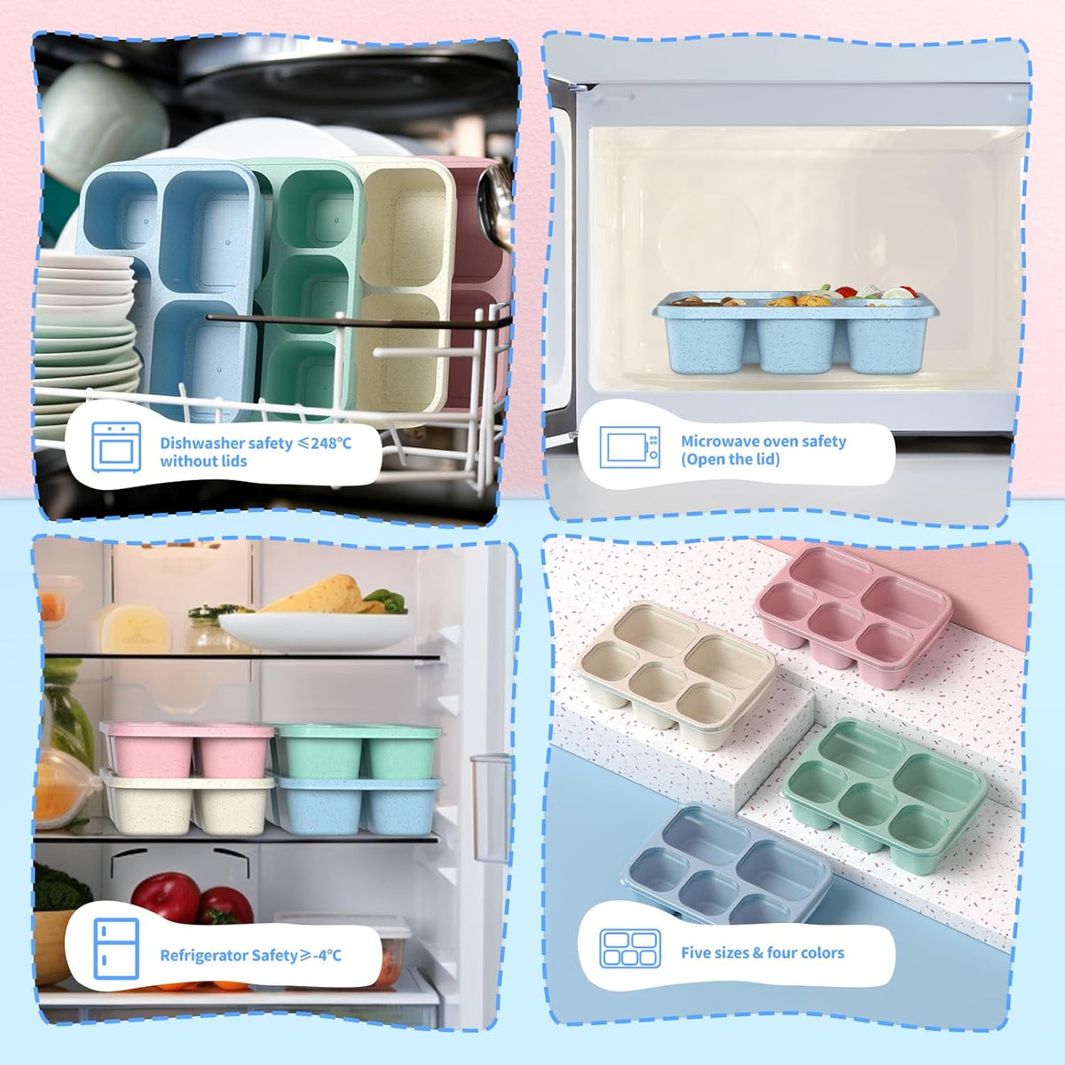 Bento Box Adult Lunch Box - 4 Pack, 5 - Compartment Meal Prep Container for Kids, Reusable Food Storage Snack Containers - Stackable for School, Work, and Travel (Wheat(Green/Blue/Pink/Beige))